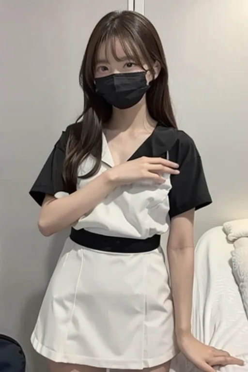 Gravure idol pose　Hotel　bed　uniform　White clothes　high resolution　Not too small bust　Black Mini Skirt　Shorten your skirt. Height 153cm　Wearing a mask