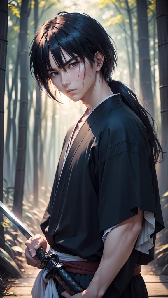 Kenshin Himura（Sword Sai）、Portraiture、Black Hair、samurai、Calm expression、Flowing black hair、A look of determination、Black jersey、Adidas、Soft Ambient Lighting、Bamboo forest background、X mark on face、X mark on left cheek、The x mark on the face is dark、The x mark on the face is large、37 years old、solo。Get Ready