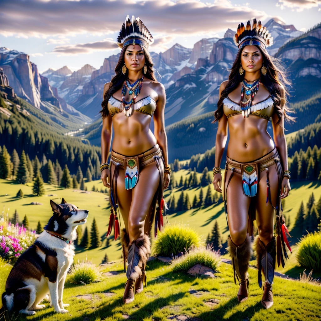 a beautiful native north american woman in y native American clothes with her dog, green grass, trees, flowers, mountains, full-lenght, high detailed, realistic full-lenght photo ((best quality)), ((masterpiece)), detailed soft oil painting, detailed background, dramatic cinematic lighting, soft edge lighting, professional, dramatic lighting, hard edge lighting, ultra quality, 4k,(masteriece, best quality, 8k, ultra highres, highres:1.4), extremely detailed, beautiful girl, high detail skin, high detail eyes, high detail hair, high rest , ultra detailed, sharpen picture, Highly detailed, masterpiece, best quality,perky breupermodel body, long hair, native American, dark skin, feathers, hair ornament, jewelry, necklace, tribal, headdress