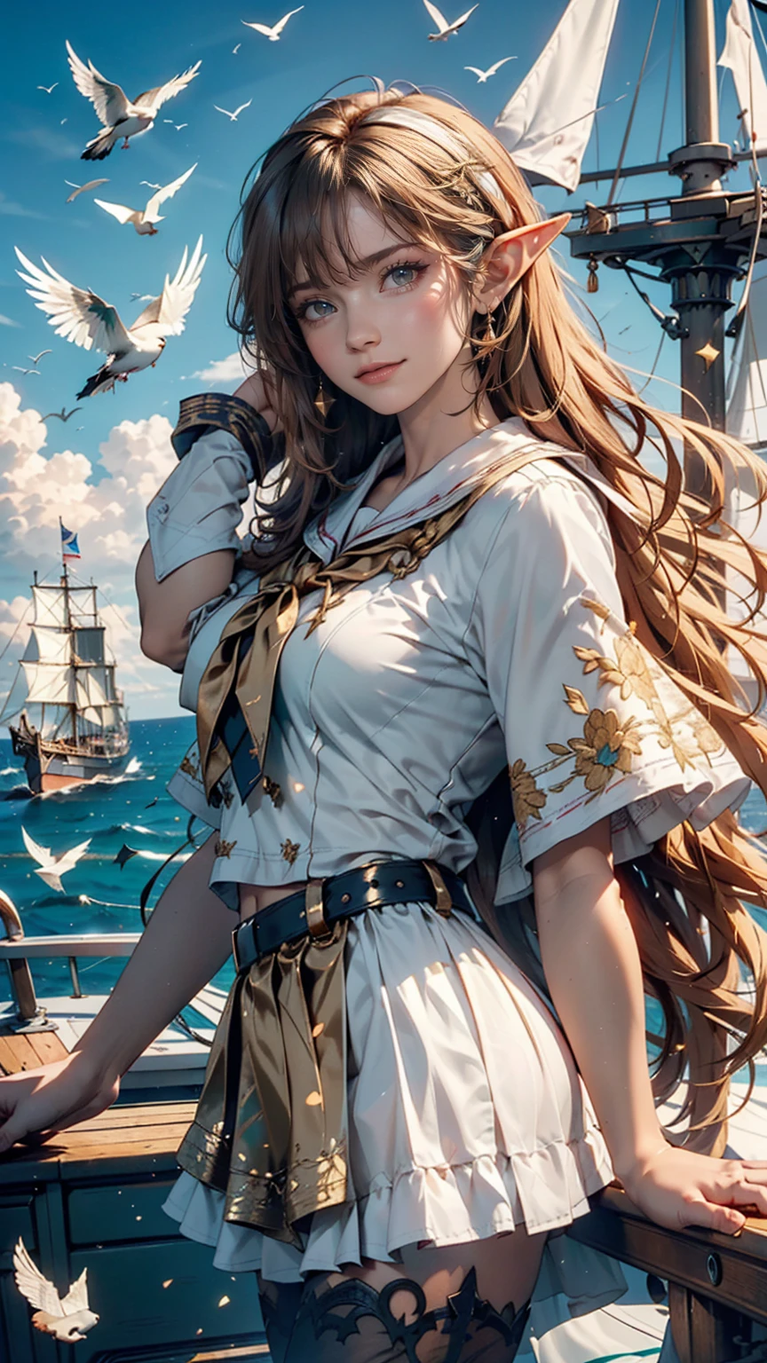 (((masterpiece, Highest quality, High resolution, Attention to detail)))), ((((Fantasy))), One, (Elf Woman)))), (White short skirt with gold embroidery), (Long straight blonde hair), (Shiny dark green eyes), (White frilly blouse with gold embroidery), big, (((On the deck of a sailing ship at sea)), (Vast ocean))), (The sky with clouds)), (( Seagulls flying in the sky)), smile, (Wind), Particles of light flying、Wearing a Bandit Bandana