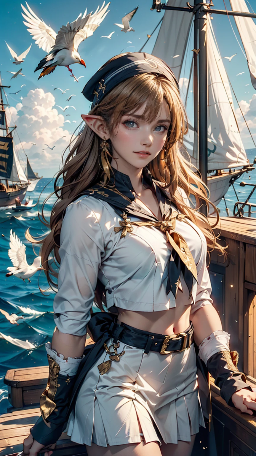 (((masterpiece, Highest quality, High resolution, Attention to detail)))), ((((Fantasy))), One, (Elf Woman)))), (White short skirt with gold embroidery), (Long straight blonde hair), (Shiny dark green eyes), (White frilly blouse with gold embroidery), big, (((On the deck of a sailing ship at sea)), (Vast ocean))), (The sky with clouds)), (( Seagulls flying in the sky)), smile, (Wind), Particles of light flying、Wearing a Bandit Bandana