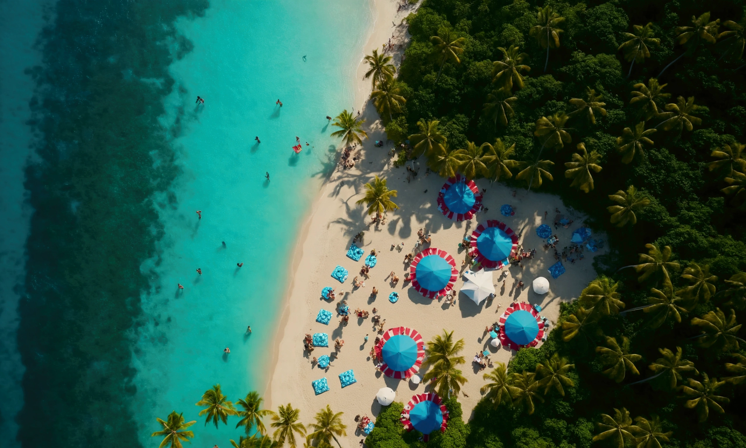 drone view of the beach party on a tropical island, 4k realistic, shot from above