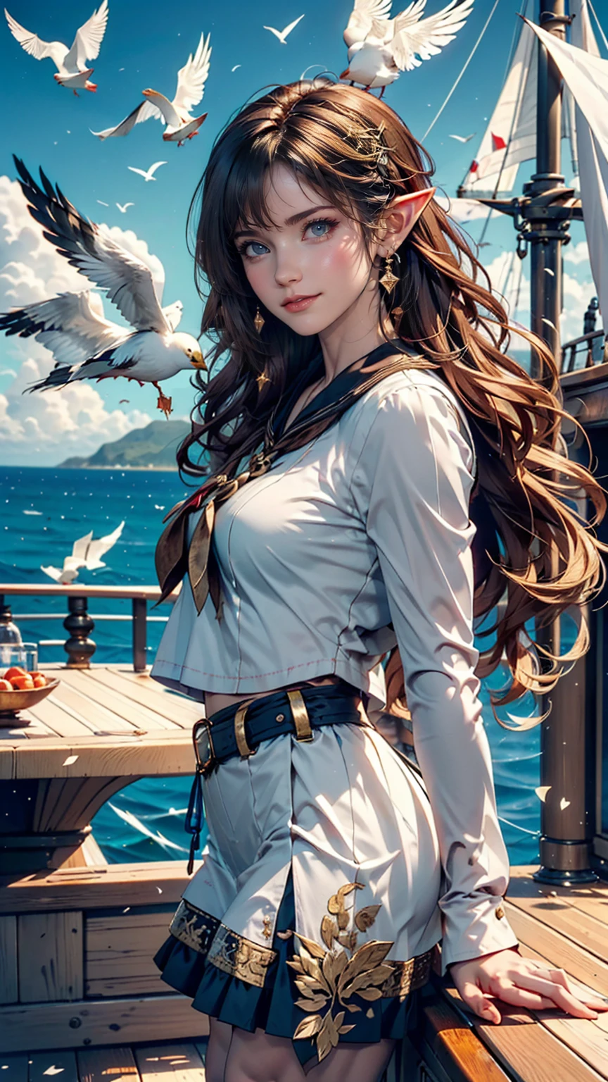 (((masterpiece, Highest quality, High resolution, Attention to detail)))), ((((Fantasy))), One, (Elf Woman)))), (White short skirt with gold embroidery), (Long straight blonde hair), (Shiny dark green eyes), (White frilly blouse with gold embroidery), big, (((On the deck of a sailing ship at sea)), (Vast ocean))), (The sky with clouds)), (( Seagulls flying in the sky)), smile, (Wind), Particles of light flying、Wearing a Bandit Bandana
