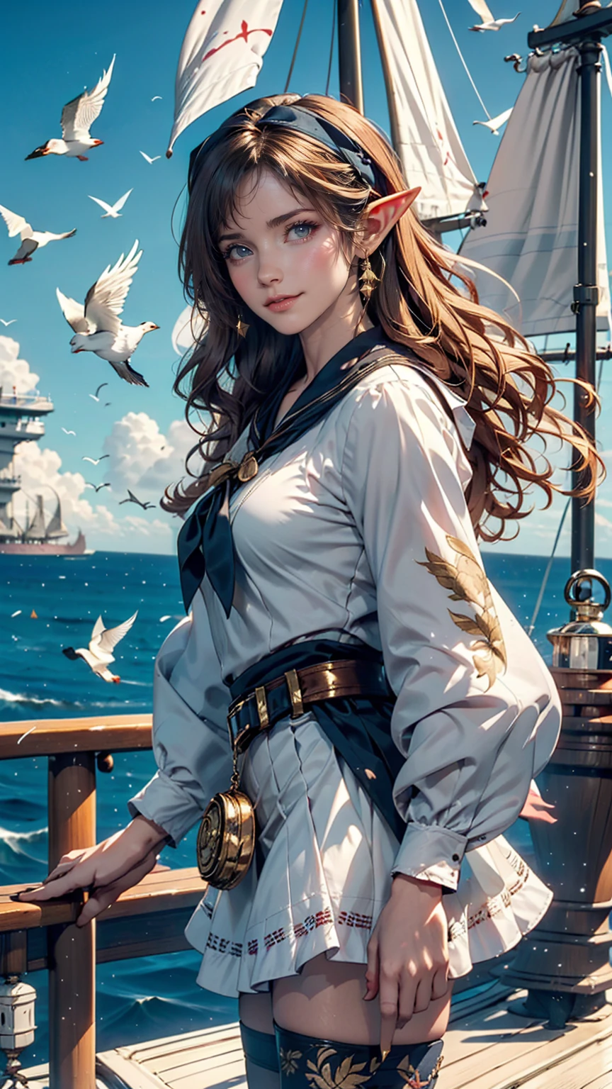 (((masterpiece, Highest quality, High resolution, Attention to detail)))), ((((Fantasy))), One, (Elf Woman)))), (White short skirt with gold embroidery), (Long straight blonde hair), (Shiny dark green eyes), (White frilly blouse with gold embroidery), big, (((On the deck of a sailing ship at sea)), (Vast ocean))), (The sky with clouds)), (( Seagulls flying in the sky)), smile, (Wind), Particles of light flying、Wearing a Bandit Bandana