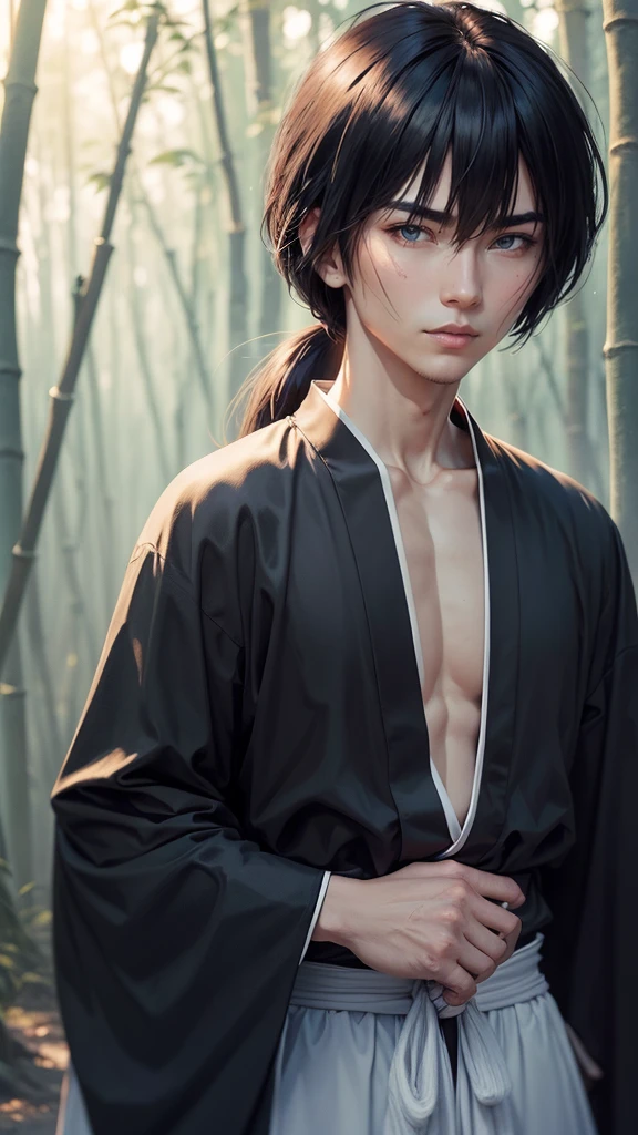 Kenshin Himura(Sword Sai)、Portraiture、Black Hair、samurai、Calm expression、Flowing black hair、A look of determination、Black jersey、Adidas、Soft Ambient Lighting、Bamboo forest background、X mark on face、X mark on left cheek、The x mark on the face is dark、The x mark on the face is large、37 years old、solo。profile