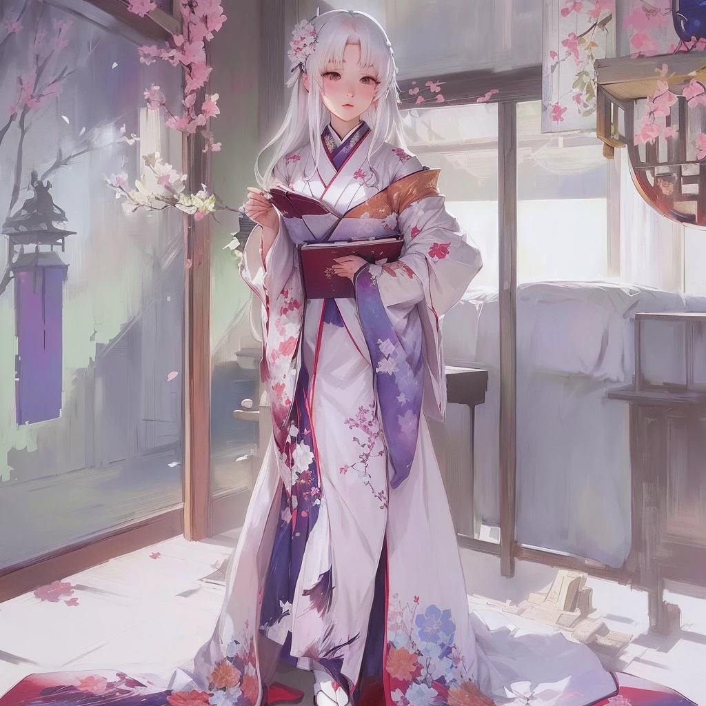 Anime girl in kimono reading a book in her room, White-haired God, Gwaiz, Cute anime waifu in a nice dress, Gwaiz on Pixiv artstation, palace ， Girl in Han Dress, by Shimo, artwork in the style of Gwaiz, Pixiv, digital art on Pixiv