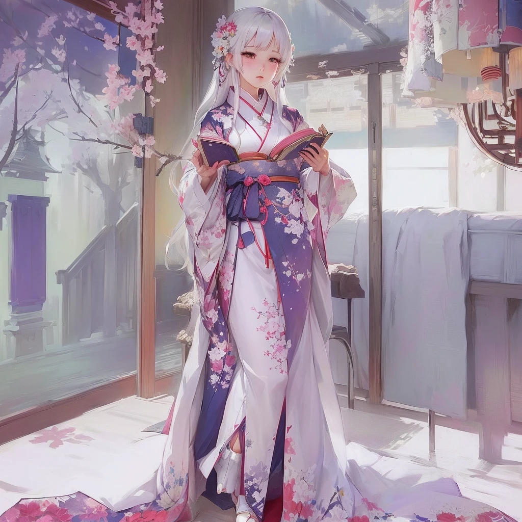Anime girl in kimono reading a book in her room, White-haired God, Gwaiz, Cute anime waifu in a nice dress, Gwaiz on Pixiv artstation, palace , Girl in Han Dress, by Shimo, artwork in the style of Gwaiz, Pixiv, digital art on Pixiv