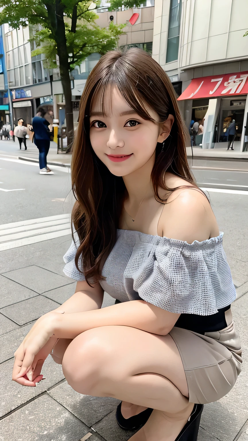 High resolution, Highest quality, Perfect dynamic composition, Beautiful attention to detail, Off the shoulder、Shiny Hair、Medium Hair, Natural color lip, university student、Harajuku、smile、Crouching、M-shaped feet