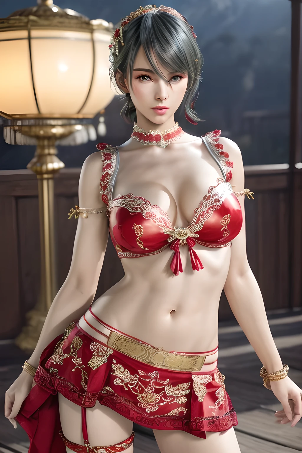 The charming style of a female model, she is wearing red underwear with a transparent gauze skirt. The flower pattern and tassel decoration on the skirt add feminine softness and dynamism to the overall look. The waist of the model is outlined by a red belt, and the golden decoration on the belt is the finishing touch. The gray design and the simple background make the model the focus of the picture, and people will be attracted by her at first sight., (best quality,8k,highres,masterpiece:1.2),ultra-detailed,(realistic,photorealistic,photo-realistic:1.37),studio lighting,ultra-fine painting,sharp focus,physically-based rendering,extreme detail description,professional,vivid colors