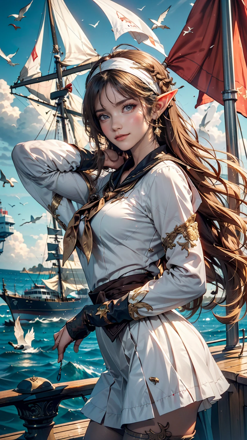 (((masterpiece, Highest quality, High resolution, Attention to detail)))), ((((Fantasy))), One, (Elf Woman)))), (White short skirt with gold embroidery), (Long straight blonde hair), (Shiny dark green eyes), (White frilly blouse with gold embroidery), big, (((On the deck of a sailing ship at sea)), (Vast ocean))), (The sky with clouds)), (( Seagulls flying in the sky)), smile, (Wind), Particles of light flying、Wearing a Bandit Bandana