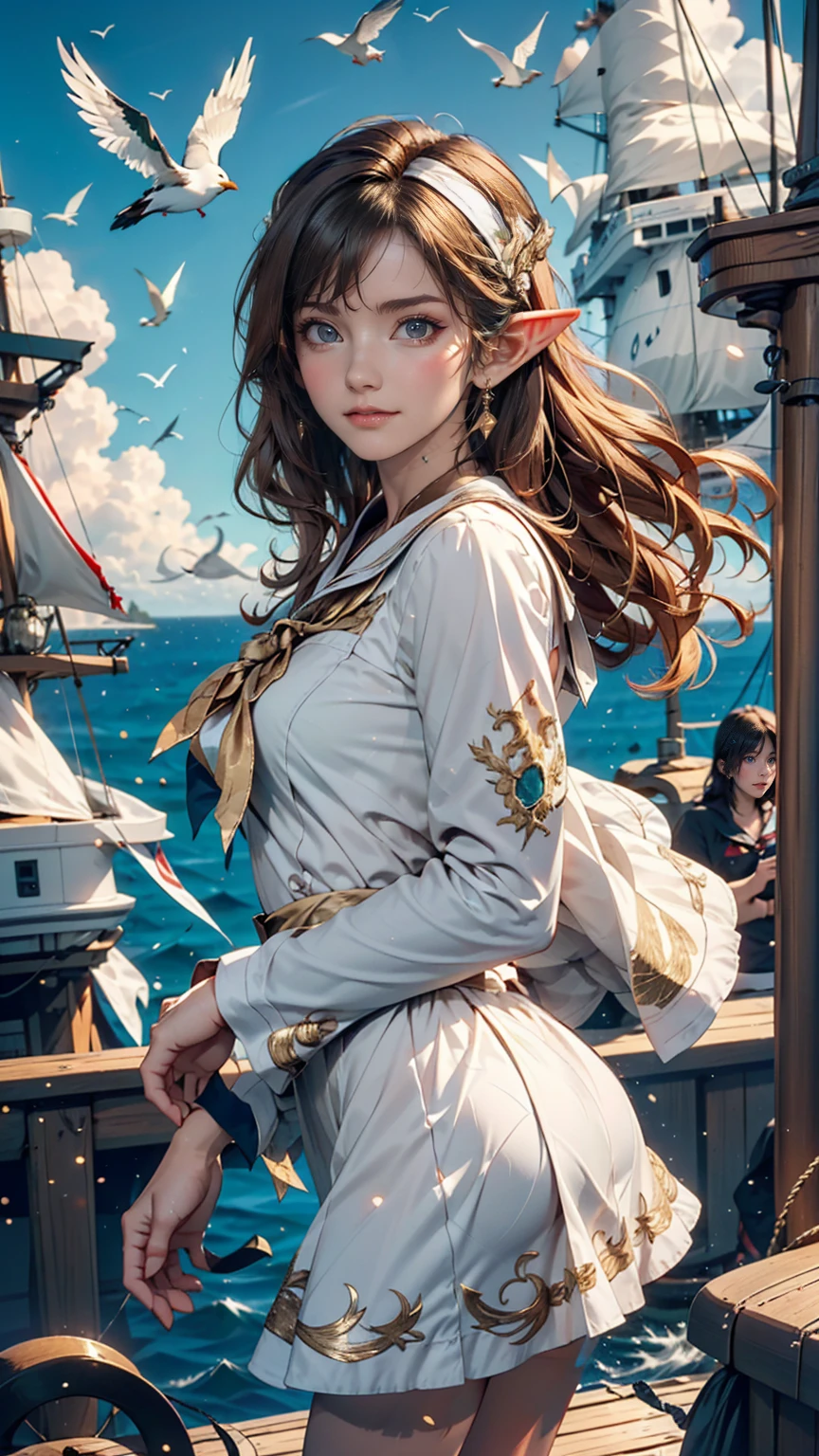 (((masterpiece, Highest quality, High resolution, Attention to detail)))), ((((Fantasy))), One, (Elf Woman)))), (White short skirt with gold embroidery), (Long straight blonde hair), (Shiny dark green eyes), (White frilly blouse with gold embroidery), big, (((On the deck of a sailing ship at sea)), (Vast ocean))), (The sky with clouds)), (( Seagulls flying in the sky)), smile, (Wind), Particles of light flying、Wearing a Bandit Bandana