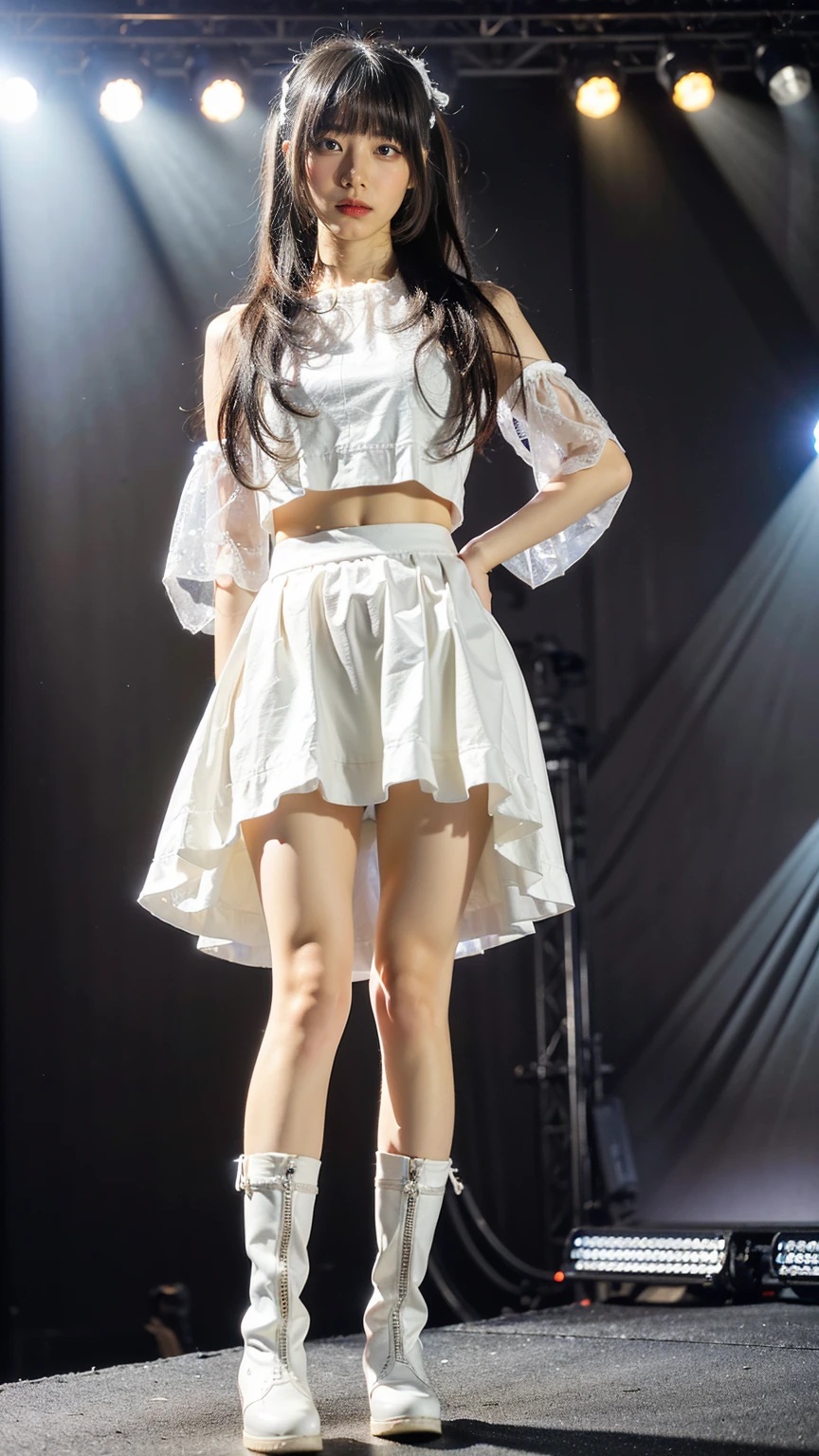 (8k、RAW Photos、Highest quality、masterpiece:1.2)、(Realistic、Realistic)、1 Girl、((White and black see-through dresini skirt、Dark Stage、Exposed Skin、whole body、boots、View from the front、Looking at the camera、Stand with hands on hips))、cute