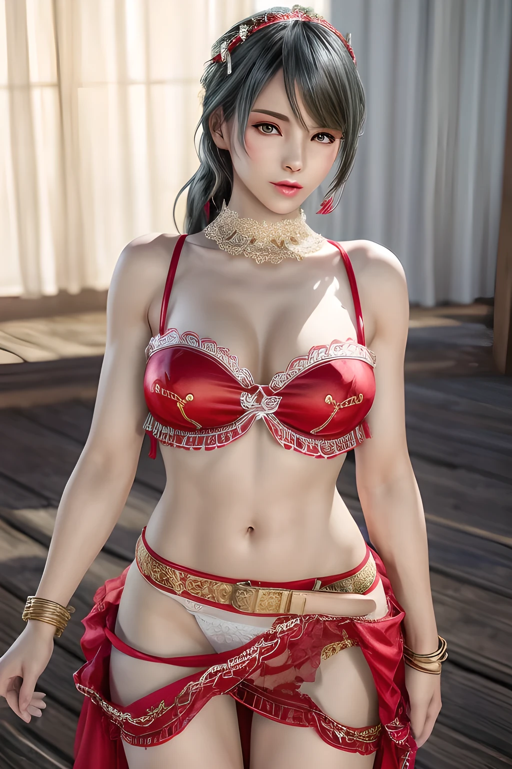 The charming style of a female model, she is wearing red underwear with a transparent gauze skirt. The flower pattern and tassel decoration on the skirt add feminine softness and dynamism to the overall look. The waist of the model is outlined by a red belt, and the golden decoration on the belt is the finishing touch. The gray design and the simple background make the model the focus of the picture, and people will be attracted by her at first sight., (best quality,8k,highres,masterpiece:1.2),ultra-detailed,(realistic,photorealistic,photo-realistic:1.37),studio lighting,ultra-fine painting,sharp focus,physically-based rendering,extreme detail description,professional,vivid colors