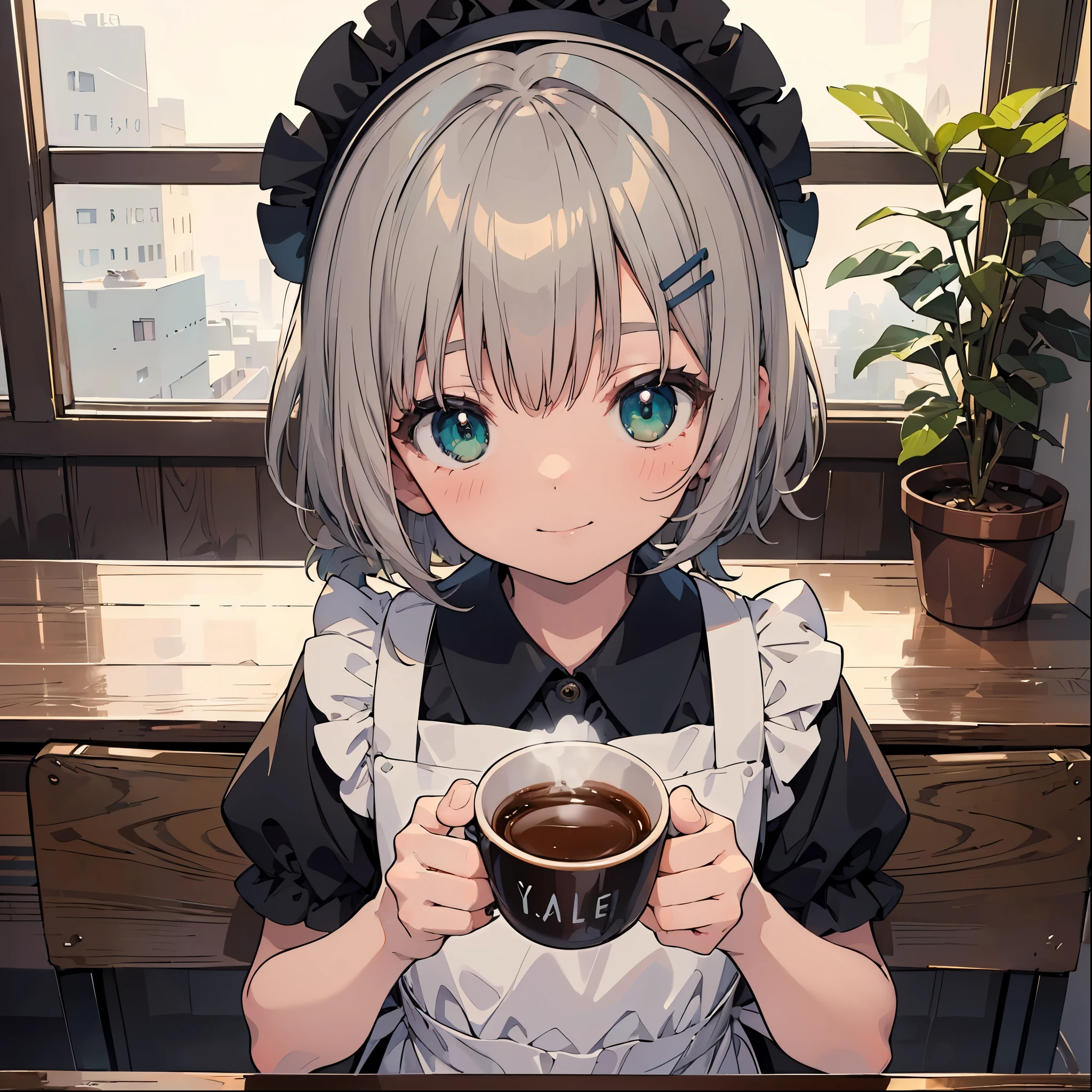 (masterpiece:1.2), (Highest quality:1.2), Ultra-high resolution, Very detailed, Character Sheet, Perfect lighting, ((Anime girl holding coffee)), smile,Shooting from above, Surreal Girl, (1 person,Lolita,boyish, , :1.3),The charm of androgyny, (Gray Hair), Small green eyes,Fine and beautiful eyes, Well-proportioned iris and pupil, Expressive eyes, Beautiful and detailed lips, High resolution detailed hair, Cat Apron,Cat Hairpins, coffee shop, Gweiz-style artwork, Makoto Shinkai'Art Style, Portrait of Rofi, Digital anime art, Makoto Shinkai style, LOFI Girl, Anime style illustrations, ロフィArt Style, Anime illustration
