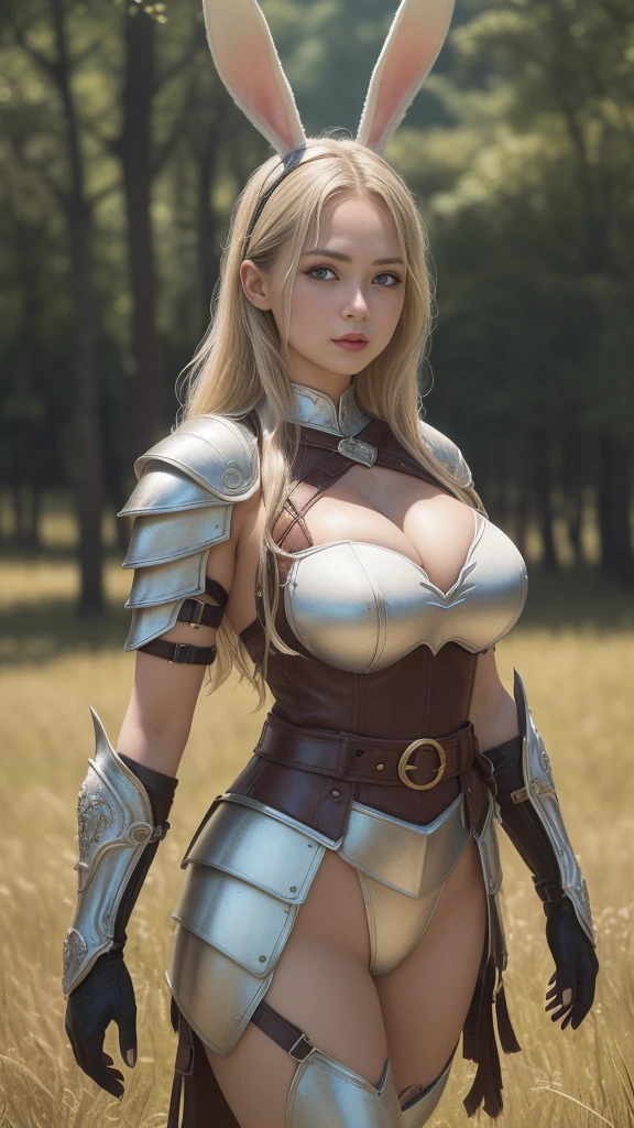 ((8k, Highest quality:1.2))、((masterpiece)), 25-year-old woman、 (Attractive Russian Model:1.0)、(((Bunny ears)))、(((White Armor)))、((Delicate metal armor))、(((Big Breasts)))、Cleavage、((Bunny ear warrior))、((Strong muscular body), 、Long Hair、Disheveled Hair、Blonde、 High resolution, (Skin Texture:1.1), Highest quality, 超High resolution, (Realistic: 1.4), RAW Photos, Nikon D850 film stock photos, F1.6 Lenses, Rich colors, Bokeh, Sharp focus, Realistic, Cinestill 800, Backlight, Rim Light, Realistic, Realistic Shadow, 3d, (Forest background:1.2),((Grassland Background))、Hair blowing in the wind、((whole body))、 (Leather gloves),Combat Accessories,breastplateて、、Voluminous lips、((Big Breasts))、((Huge breasts))、((Perfect Face))、Big eyes、Delicate eyes、((looking at the camera))、belt、Intricately patterned armor、Delicate hands、Uplifting、Are standing、 (Ancient fantasy soldiers),(Ancient soldier armor),Combat Accessories,breastplate、(((ミニスカートとガーターbelt)))