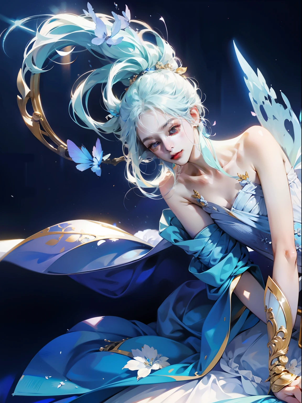 1 girl，Shimizu，Blue Butterfly，Pure white gauze skirt，shiny，
