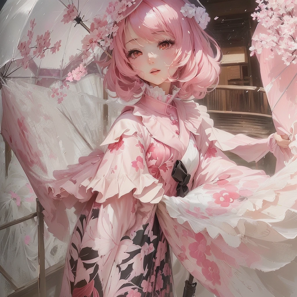 Anime style woman in a pink dress holding a pink umbrella, Gwaiz, Gwaiz on pixiv artstation, artwork in the style of Gwaiz, Gwaiz on artstation pixiv, Gwaiz masterpiece, Flowing cherry-colored silk, artstation pixivでトレンド, Best anime 4k konachan wallpaper
