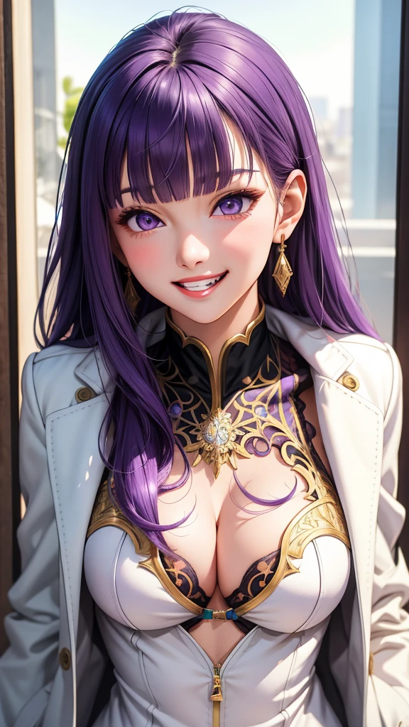 (masterpiece, Highest quality), Intricate details, thin, ((slim)), beautiful girl, Purple Hair, Blunt bangs, Light purple eyes, Sharp jawline, Her white coat is open, exposing her breasts and seducing her., Long Hair, lips, Upper Body, close, Grin、The top of the pubic hair is exposed、Giving a blowjob、