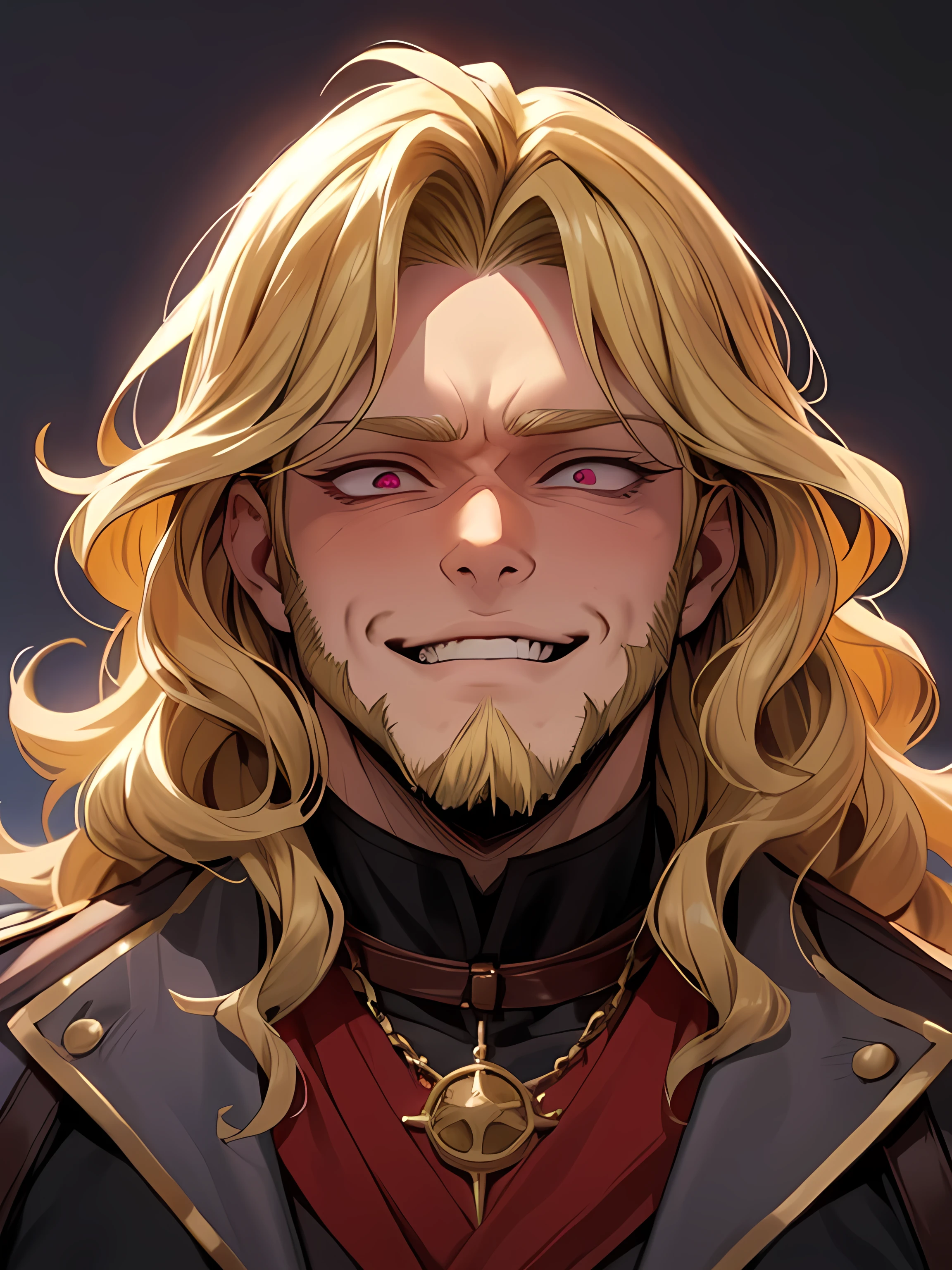 male, late 30s, ((blond, shoulder-length, middle-part wavy hair)), light-purple, deep-set, Sanpaku eyes, (blond beard:1.3), aquiline and hooked nose, slightly underbite, chiseled, slightly long face, medieval European everyday wear, portrait, sadistic smile, evil smile