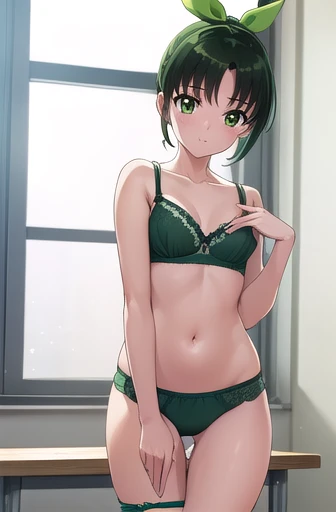 naomidorikawa, Nao Midorikawa, short hair, (Green Eyes:1.3), ponytail, Green Hair, ribbon, hair ribbon, smile,
break skirt, Thighs、Bed、blush、Shame face、(((Cute Bra:1.3、Cute Panty 36)&quot;)))、break indoors,classroom,
break looking at viewer, Dynamic pose,
break (masterpiece:1.2), Highest quality, High resolution, unity 8k wallpaper, (figure:0.8), (Beautiful attention to detail:1.6), Highly detailed face, Perfect lighting, Highly detailed CG, (Perfect hands, Perfect Anatomy),