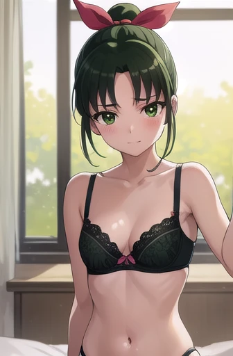 naomidorikawa, Nao Midorikawa, short hair, (Green Eyes:1.3), ponytail, Green Hair, ribbon, hair ribbon, smile,
break skirt, Thighs、Bed、blush、Shame face、(((Cute Bra:1.3、Cute Panty 36)&quot;)))、break indoors,classroom,
break looking at viewer, Dynamic pose,
break (masterpiece:1.2), Highest quality, High resolution, unity 8k wallpaper, (figure:0.8), (Beautiful attention to detail:1.6), Highly detailed face, Perfect lighting, Highly detailed CG, (Perfect hands, Perfect Anatomy),