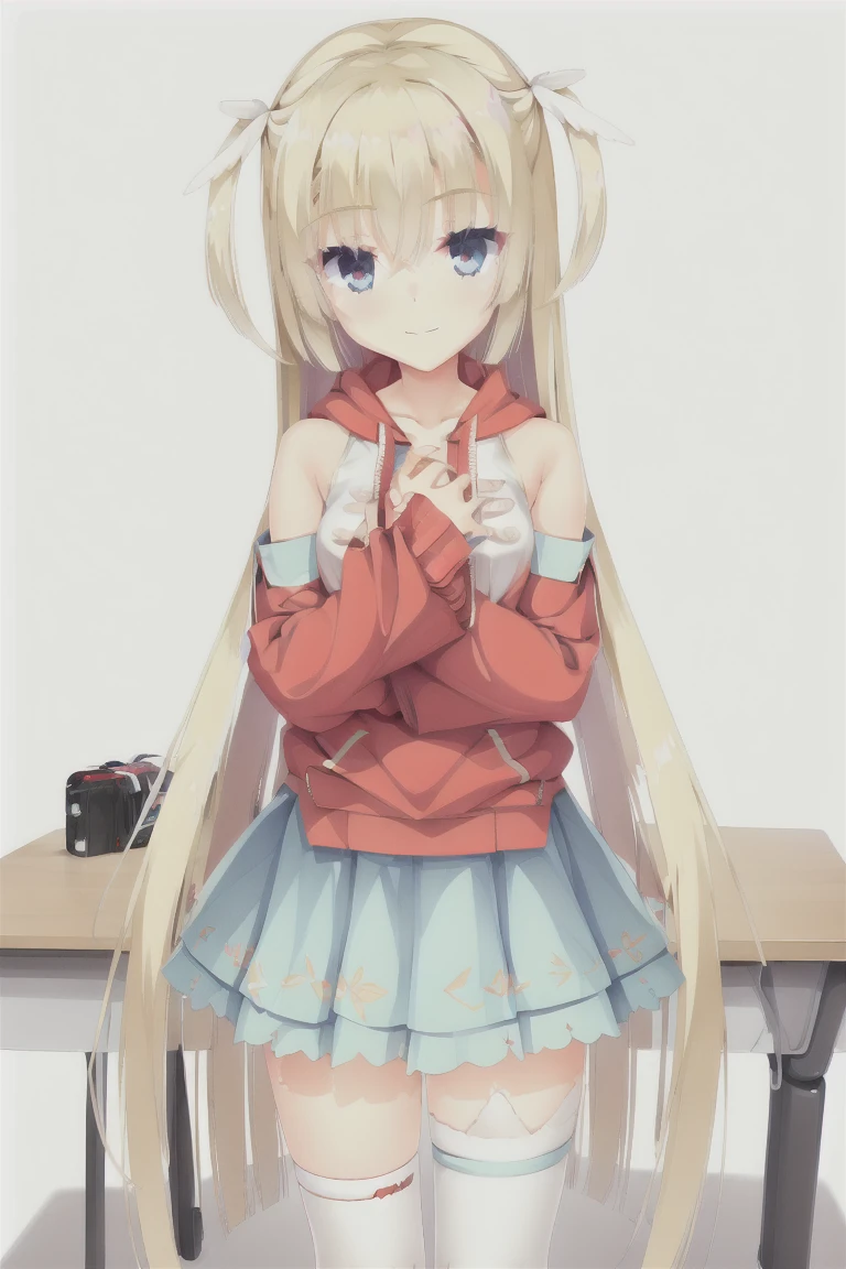 1girl,white legwear,large wings,smiling,high_resolution,desk,indoors,standing,classroom,hand_up,bangs,(red_hoodie:1.3),(black_pleated_skirt:1.35),bob_hair,独奏,black_skirt,blush,skirt,classroom,breasts,eyebrows_ass visible_through_hair,short_hair,smile,looking_at_viewer,thighhighs,long_sleeves,medium_hair,thighs,hair_ornament,hairclip,medium_breasts,shoes,zettai_ryouiki,hood,hoodie,sneakers,brown_legwear,hood_down,sleeves_past_wrists,drawstring,red_hoodie,expensive_solve, clear_image, expensive_Contrast, 8k, Sparkling, beautiful_detailed_face_and_eye, (Blonde:1.25), 白 eye,