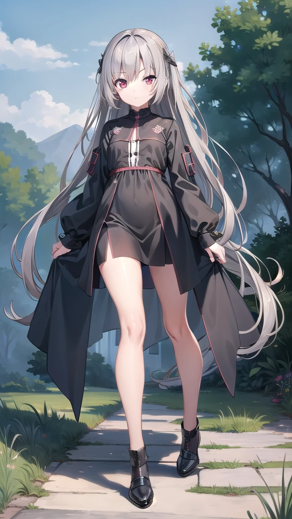 ((masterpiece)),(best quality),Official Art,Extremely detailed CG,Unity 8K wallpaper,Very detailed,Beautiful and delicate eyes,Extremely detailed face,1 girl,solitary,,(whole body:1.5),A little girl with long grey hair and red eyes,Run under the blue sky