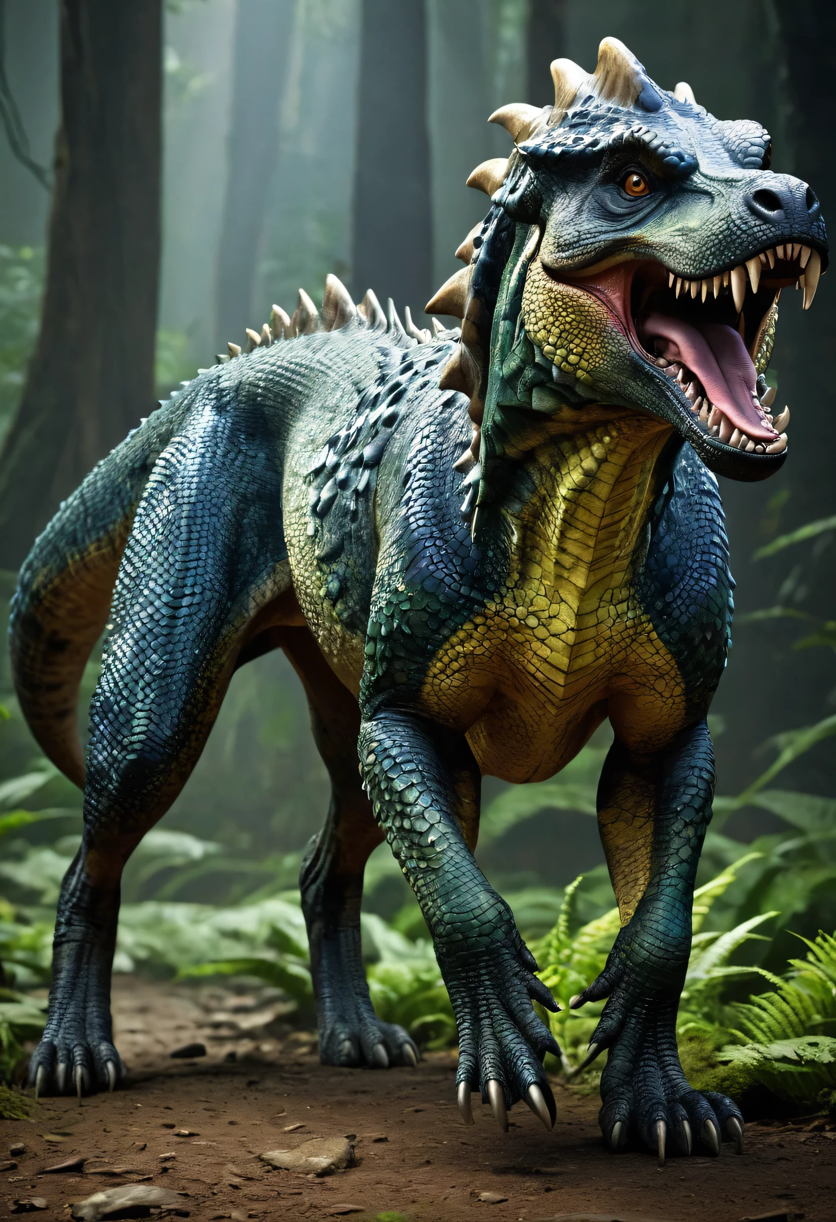 "A dangerous dog with dinosaur-like features, such as scales, a tail, and a crest, blending the characteristics of both animals seamlessly."