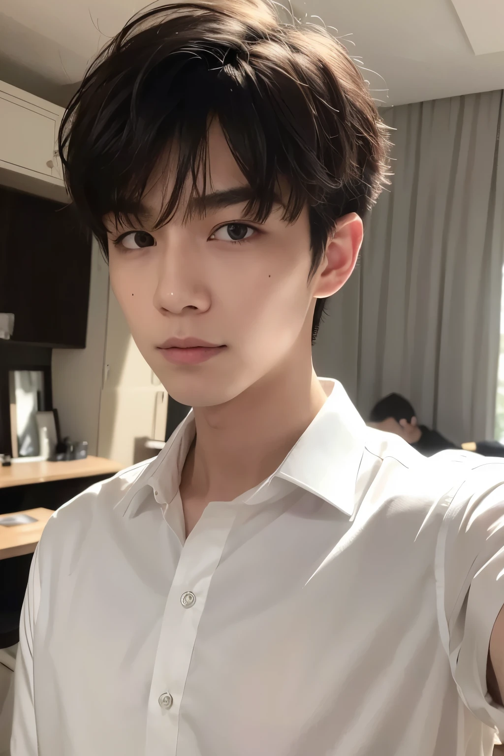 masterpiece, best quality,1boy, solo, black hair, realistic, short hair, collar, shirt, messy hair, closed mouth, upper body, room, selfie, young looking