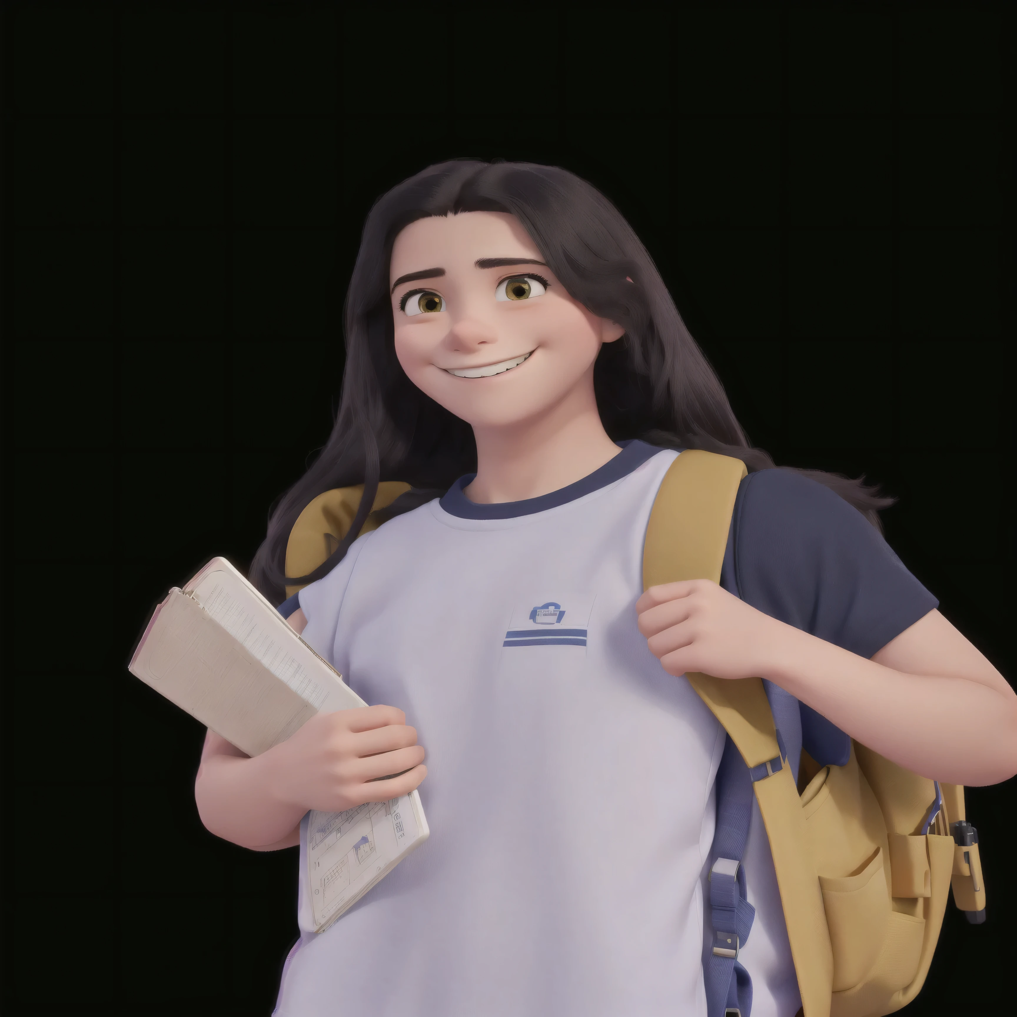 in uniform with a backpack and a book in hand, Disney and Pixar style, , schoolyard, academy, background-image, photo of young man, on a dark background, attractive girl, with a happy expression, at college, advanced technology, girl wearing uniform, subject is smiling, faculdade Schoolgirls, She is smiling, Actual image, lorena avarez, academic clothes