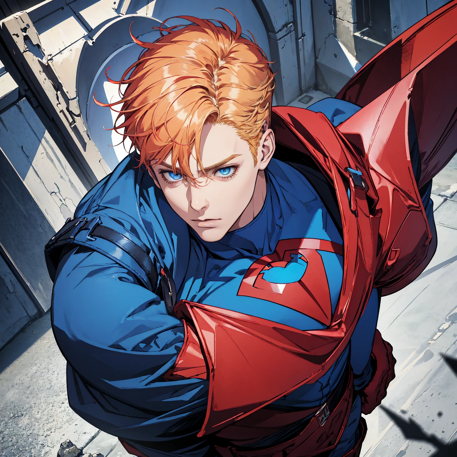 Masterpiece, best quality, man,  blue, superhero suit,red boots, red gloves, blonde hair, short hair,  deep blue eyes, American Caucasian 