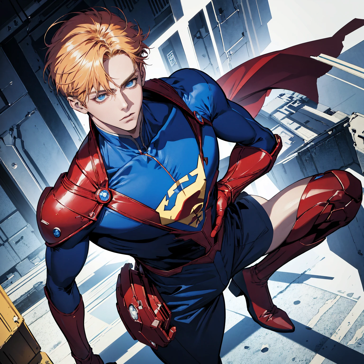 Masterpiece, best quality, man, blue, superhero suit,red boots, red gloves, blonde hair, short hair, deep blue eyes, American Caucasian