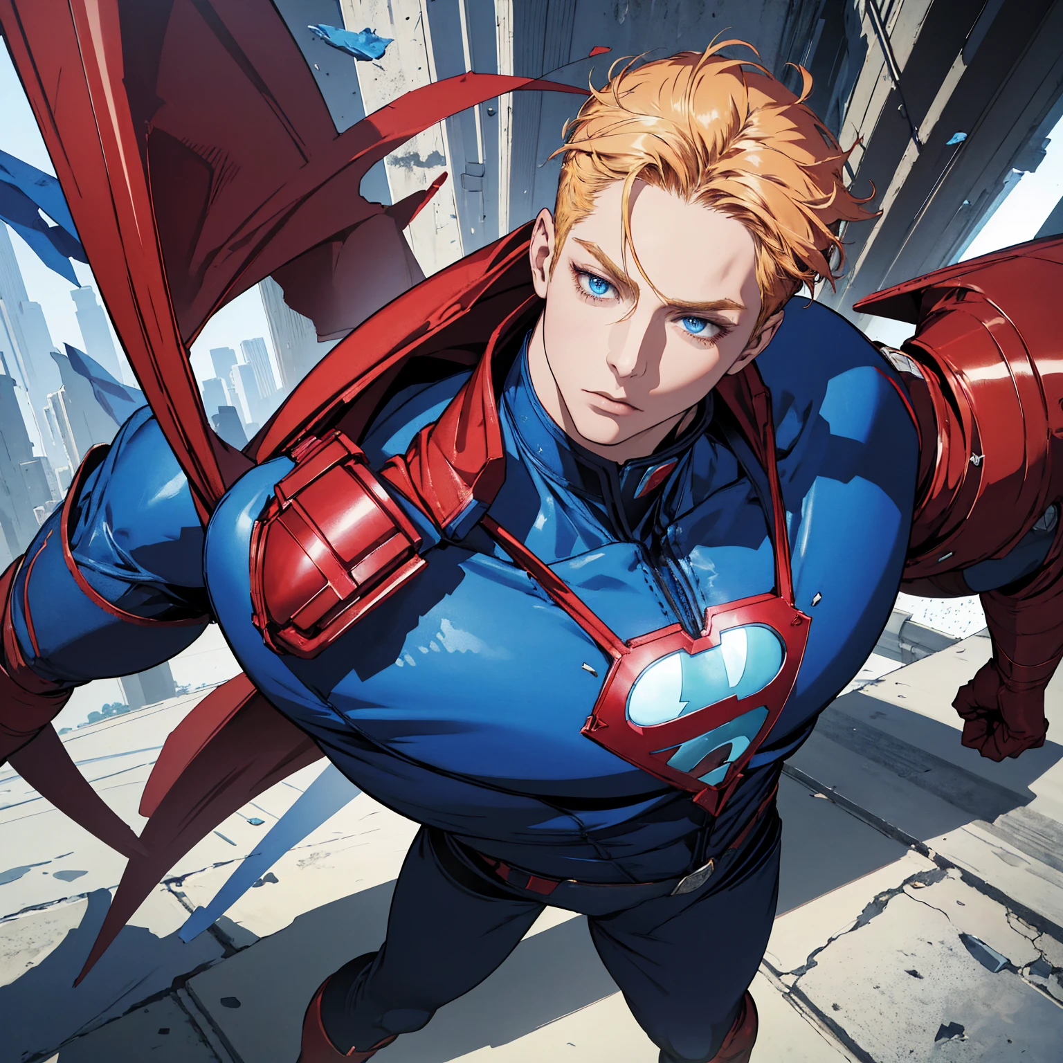 Masterpiece, best quality, man,  blue, superhero suit,red boots, red gloves, blonde hair, short hair,  deep blue eyes, American Caucasian 