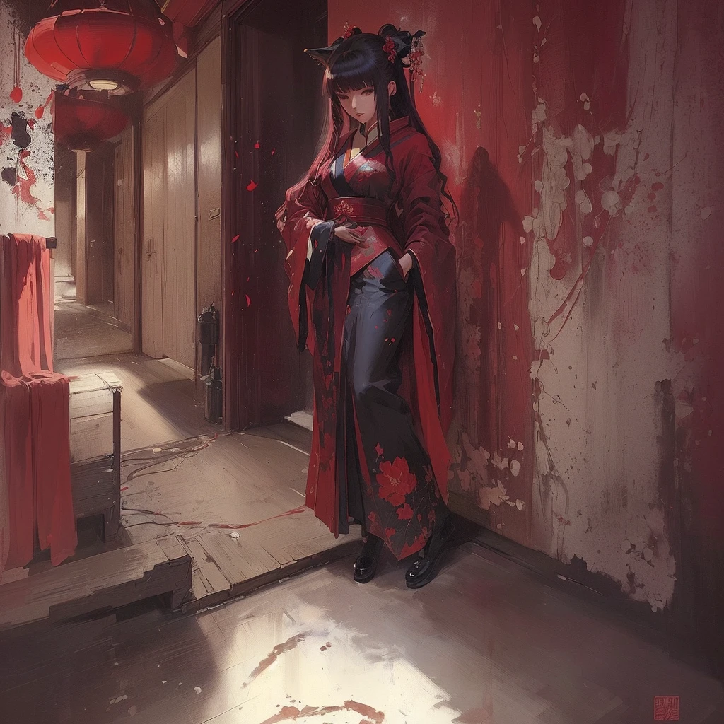 Anime-style painting of a woman in a red robe standing in a hallway, Gwaiz, by Shimo, artwork in the style of Gwaiz, Gwaiz on pixiv artstation, Gwaiz on artstation pixiv, Jan J, palace ， Girl in Han Dress, Inspired by Chung Fenghua