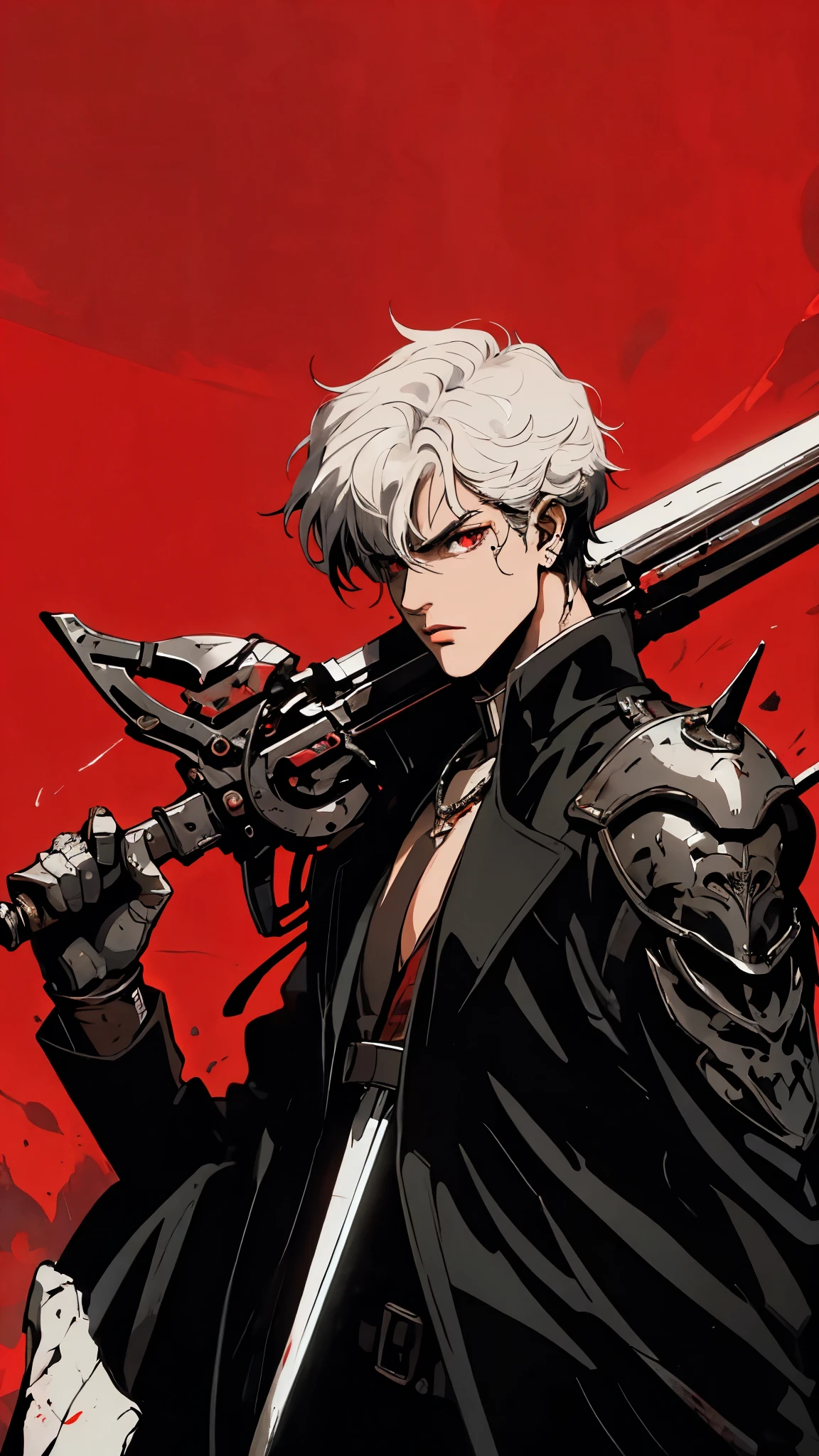 A futuristic swordsman with a large, mechanical sword resting on his shoulder, set against a stark red background. The character is dressed in a sleek, black coat, with white hair and a cybernetic left arm. His piercing red eyes and serious expression suggest a seasoned warrior. The image features high contrast and a focus on the character's intricate cybernetic details, blending elements of dark fantasy and sci-fi, fantasy world, dark background, clean design, epic, artstation, colorful paint splatter, silhouette, hyper detailed intricate details, unreal engine, fantasy, splash screen, complementary colors, deviantart masterpiece, oil painting, heavy strokes, paint dripping, indifferent expression