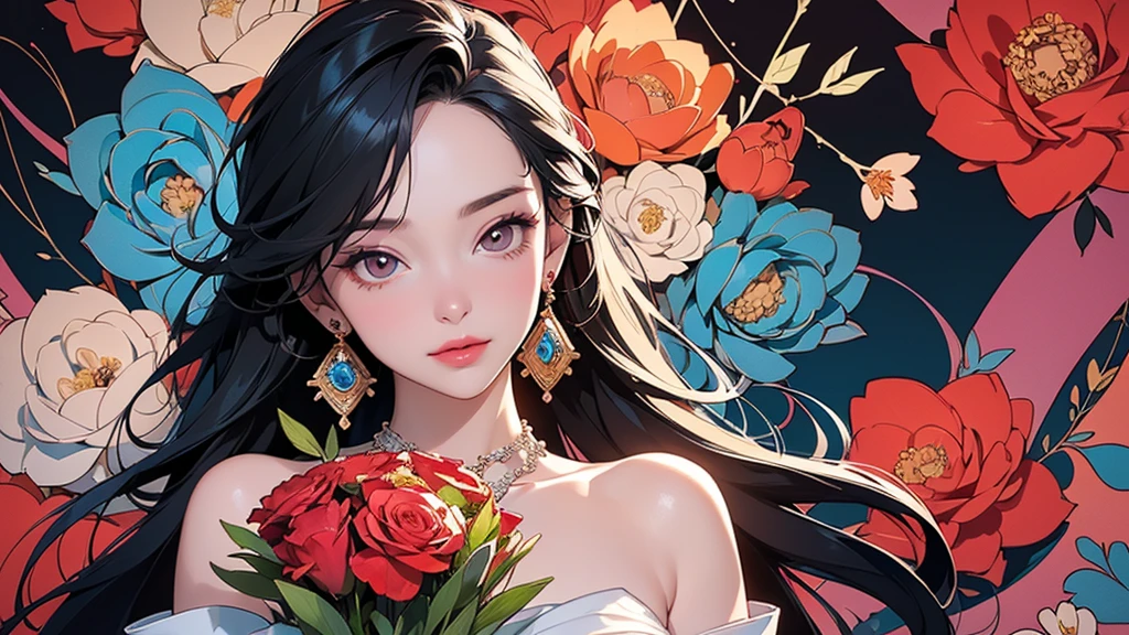 32K, 最高quality, 最高masterpiece, (ultra-Detailed Background, Detailed Background), High resolution, Super detailed, Very detailedな, One girl, (bouquet:1.3), (Tangled:1.2), (Geometric:1.2),(colorful),(masterpiece, quality, best quality, Official Art, Beautiful and beautiful:1.2), (1 girl:1.3), Very detailed,(colorful:1.1)(Flowers:1.3),Most detailed,(Tangled:1.2), whole body, (Abstract background:1.3), (Skin glows), (Many colors:1.4), ,(Earrings Jewelry:1.5), Pale Red Background,
