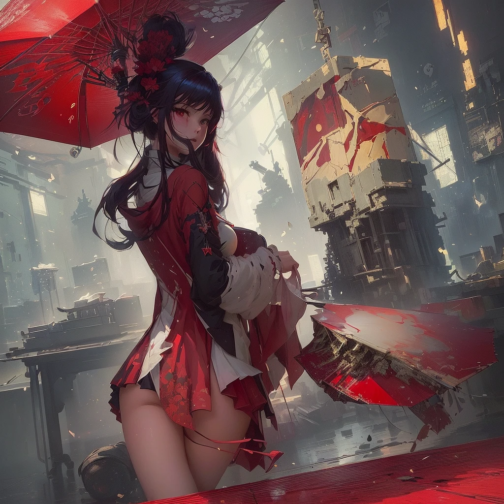 Anime girl with a red umbrella in a room with a red table, Wallop and Krentz Kuschaert, Beautiful artwork illustration, guweiz on pixiv artstation, Kschaert Krentz Key Art Feminine, Guweiz on ArtStation Pixiv, 2. 5d cgi anime fantasy artwork, Jan J, by Shimo, Beautiful digital art