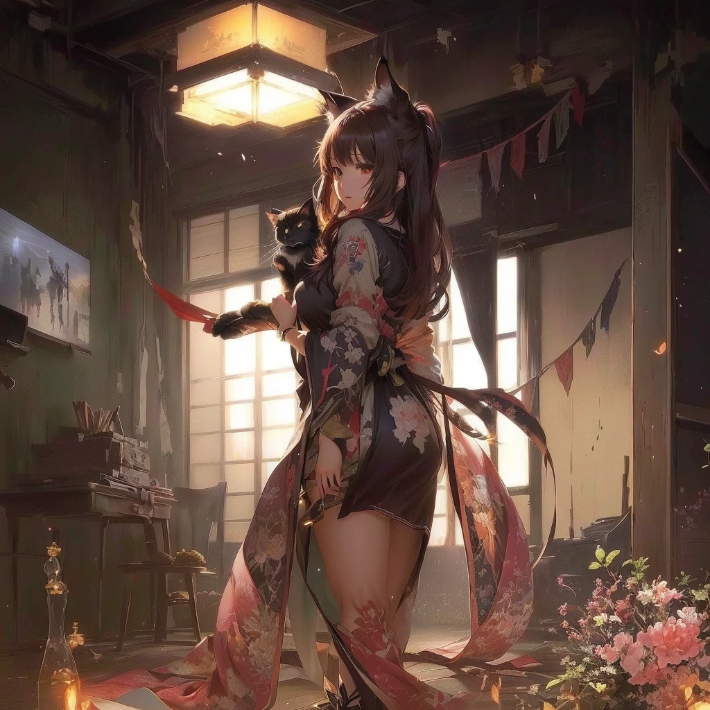 Anime-style image of a woman in a room with a cat, Gwaiz on pixiv artstation, Gwaiz on artstation pixiv, Best anime 4k konachan wallpaper, artstation pixivでトレンド, Anime Art Wallpapers 8K, 8K high quality, detailed art, Gwaiz, Anime fantasy artwork, anime art wallpaper 4k