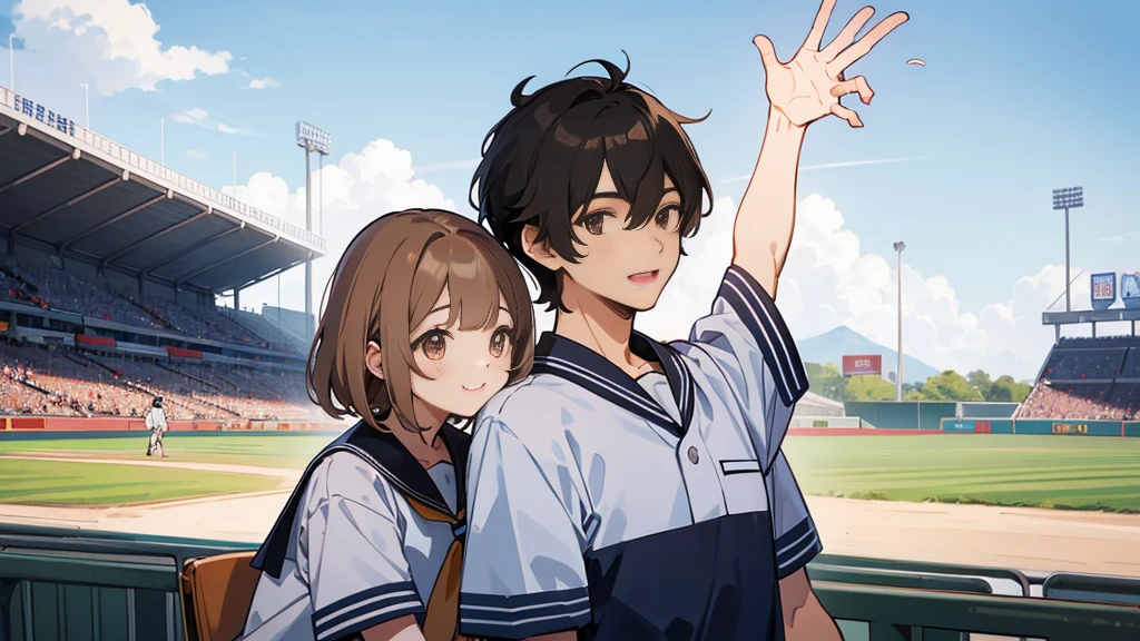 The background is the seats at an outdoor baseball stadium in midsummer.、Upper body of a duo of a man and a woman wearing summer sailor uniforms２shot。The first person is a woman who is short, , cute, has light brown hair, and straight bangs.。The second man is tall with short black hair.。Both of them are looking at me with big smiles and making cute poses.。There is a height difference between men and women, with men being taller。