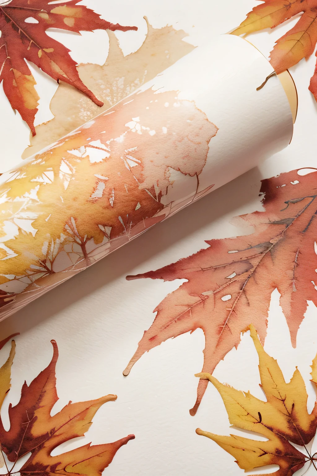 create an abstract watercolor background from autumn leaves drawn on paper and assembled into a seamless pattern