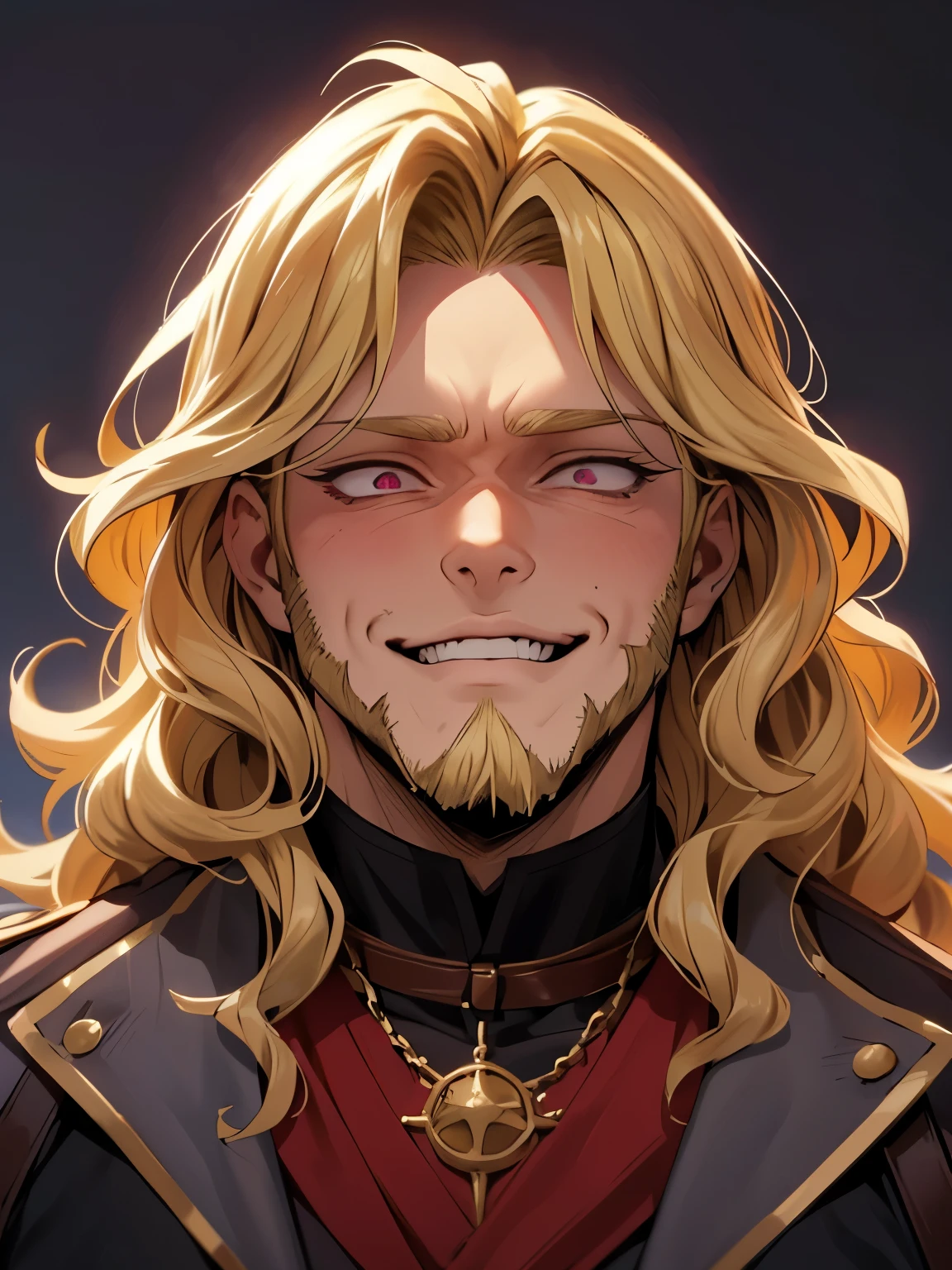 male, late 30s, ((blond, shoulder-length, middle-part wavy hair)), light-purple, deep-set, Sanpaku eyes, (blond beard:1.3), aquiline and hooked nose, slightly underbite, chiseled, slightly long face, medieval European everyday wear, portrait, sadistic smile, evil smile