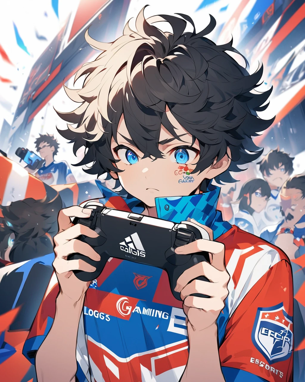 Anime style illustration of a young boy eSports player standing up. He has short, messy hair, has a focused expression on his face. He’s dressed in a branded eSports team jersey, with logos and a gamer tag visible. He should be holding a gaming controller in his hands. The background should be plain white, ensuring the focus remains on the player."
