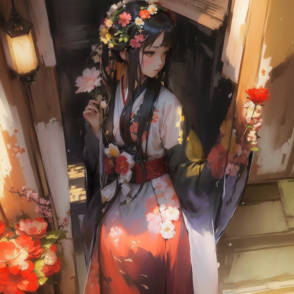 Anime girl in a kimono holding a flower crown, Gwaiz, Gwaiz on Pixiv artstation, artwork in the style of Gwaiz, Gwaiz on artstation Pixiv, by Shimo, Pixiv, Zerochan Art, Pixiv contest winner, Pixiv style, Gwaiz masterpiece, Burning