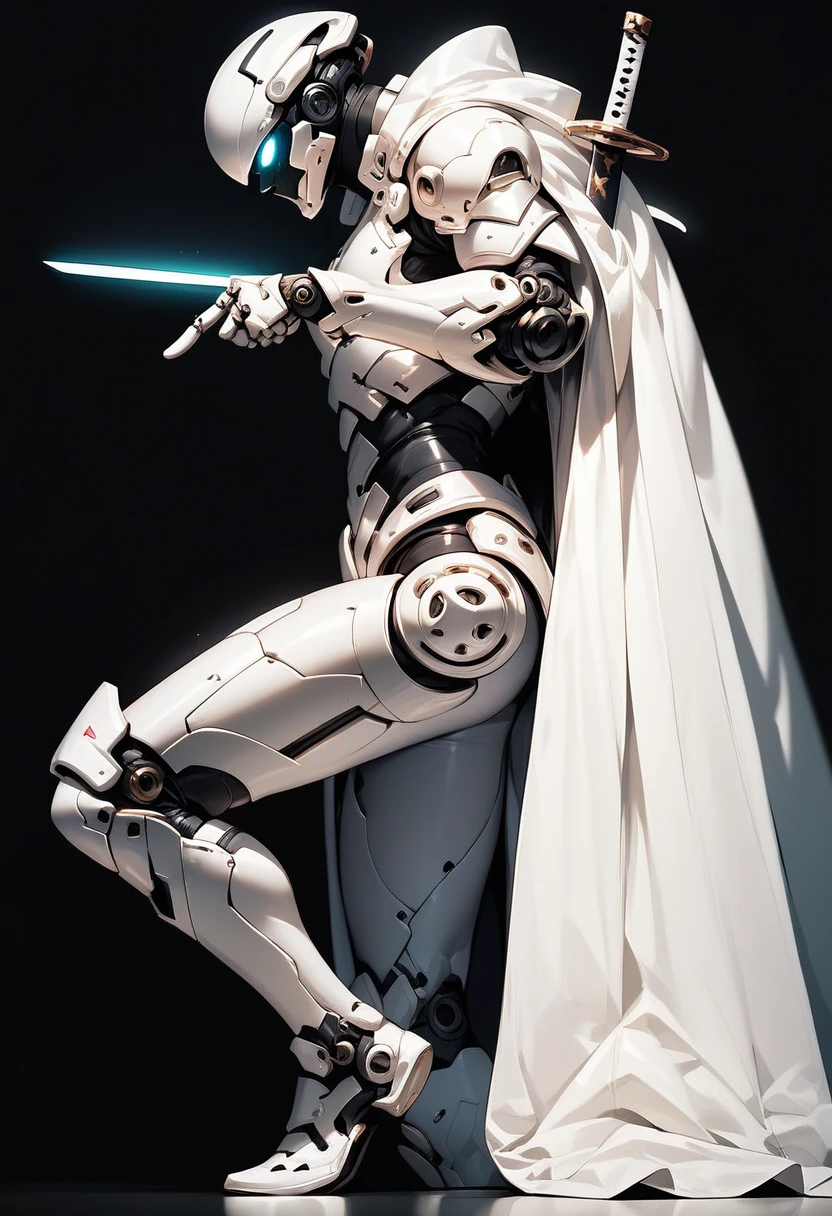 1 boy, alone, profile, plain background, white armor, white glowing eyes, full body, light armor, white hair, cyberpunk, sword pointing at the ground, white cape, holding a sword stuck in the ground, sword with white and black engravings, black background, full white armor, white futuristic helmet, standing pose leaning on the sword, tight armor, dark aura, white mechanical arm, side view