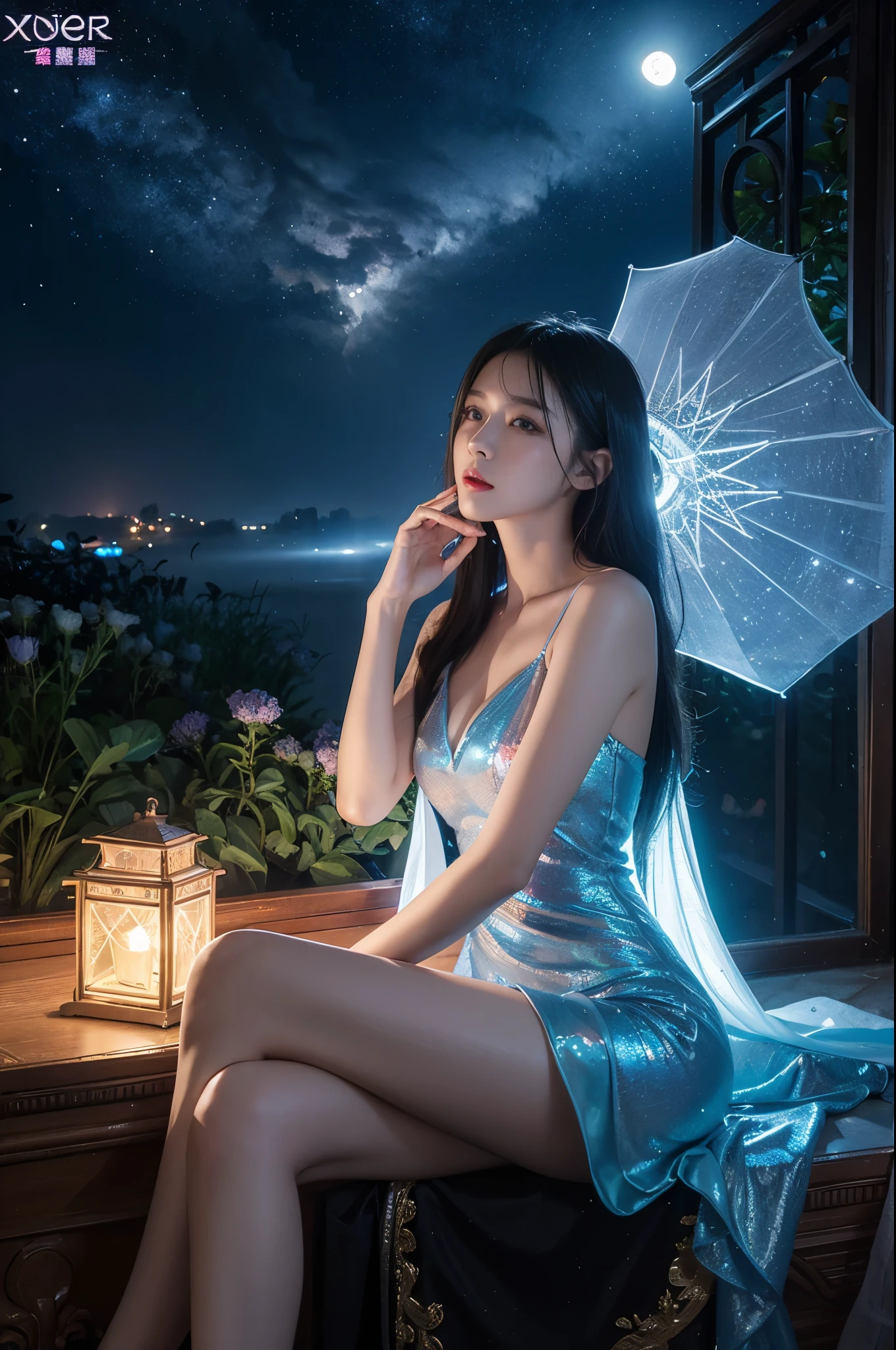 Xuer hologram Laser dress in the depths of wonderland,Moonlight falls like water,Foggy Room,The heroine's figure is vaguely visible,Like a fairy in a painting,Slender sexy legs,Very beautiful legs,Large Breasts,Visible cleavage,美丽而又带着一丝mystery的色彩。Her face is beautiful and delicate,Showing extraordinary beauty。Twinkling Stars,Show the light of perseverance and wisdom。The bridge of the nose is straight,Cherry lip color,The slightly upturned corners of the mouth reveal confidence and calmness。Clearly defined face,Skin like jade,Reveal healthy glow,Just like fairies, Her makeup is light and delicate,No excessive embellishment,Show her temperament and charm。Light foundation highlights the translucence of the skin,A light eyebrow pencil outlines her perfect eyebrow shape,Eye makeup is eye shadow and eyeliner,Make her eyes brighter、Energetic。嘴唇涂上grace的口红,Add a touch of charm and sophistication。Clothes fluttering。Hair tied haphazardly behind the head,Secure with a jade hairpin,A few strands of hair fluttering gently in the wind,Add a touch of softness。Beautiful landscape,Attracted everyone's attention。Large Breasts美丽、grace、mystery、Full of power。