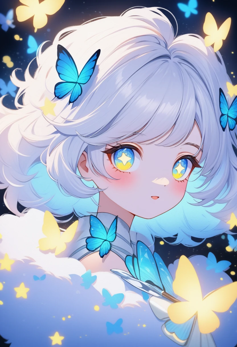 Oil painting brush strokes,Oil painting texture:Cartoon Girl Portrait,Star-studded eyes,White fluffy hair,Butterflies in the sky,Luminescence,blue,phosphorus,Dark solid background