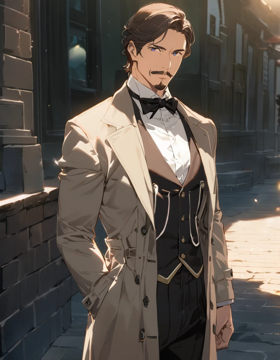 1man, mature male, parted bangs, medium-short hair, brown hair, muscular male celeb, short goatee, short mustache, indigo eyes, gentleman, elegant netori male, dark iris, ideal ratio body proportions, beautiful detailed eyes, BREAK solo, white collared shirt, gray trench coat, black neck ribbon, dandy posing, BREAK upperwaist, character image shot, in isekai style, 2010s, anime concept art, cinematic shadows, cinematic lighting, lens flare, light leaks, extreme all detailed, masterpiece, best quality