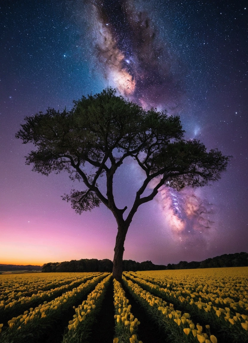 Expansive landscape photograph，（look from down，Above is the sky，Below are open fields），A  standing on a flower field looking up，（moon full：1.2），（meteors：0.9），（Starcloud：1.3），Far Mountain, Tree BREAK making art，（Warm light source：1.2），（glowworm：1.2），lamp lights，Lots of purple and orange，Complicated details，Volumetric lighting BREAK（tmasterpiece：1.2），（best qualtiy），4K，ultra - detailed，（dynamic compositions：1.4），detail-rich，plethora of colors，（Irridescent color：1.2），（with light glowing，Atmospheric lighting），dream magical，magical，（solo：1.2