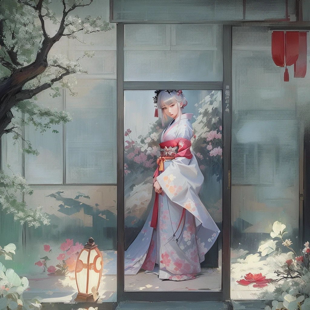Animated scene of a woman in a kimono standing in front of a window, palace , Girl in Han Dress, Gwaiz, artwork in the style of Gwaiz, Beautiful anime artwork, Gwaiz on pixiv artstation, Gwaiz on artstation pixiv, Gwaiz masterpiece, Digital art on Pixiv, Beautiful anime art