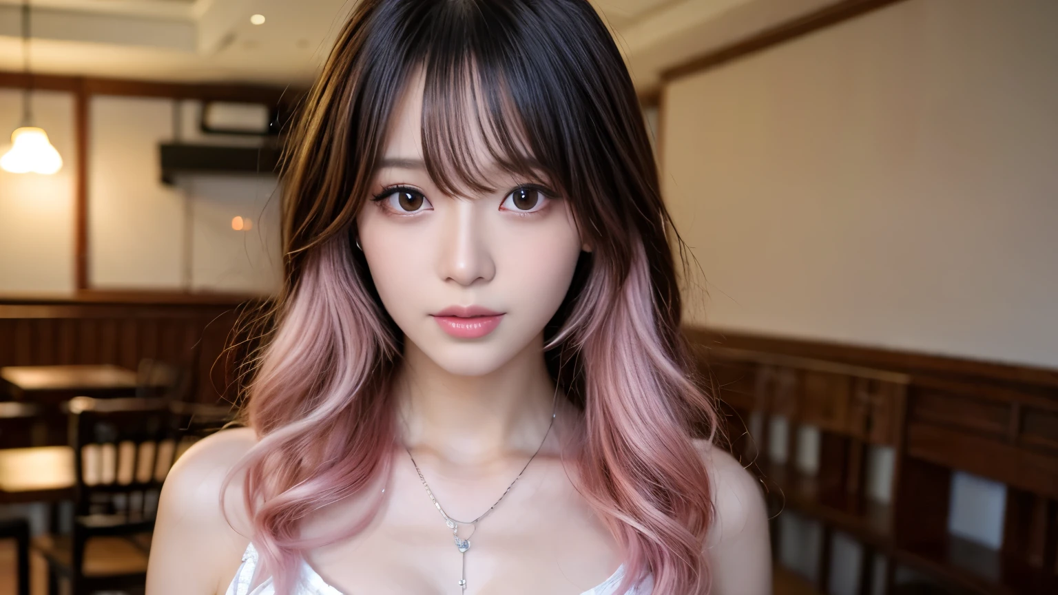 Canon RF85mmf/1.2,masterpiece,Highest quality,Ultra-high resolution,you,1 girl,(Korean mixed race,K-Pop Idols:1.2),alone,white_Shiny_skin,black eye,necklace,((brown_length_Wavy_hair)),((pink_Shiny_lips)),eyelash,前hair,deal with,Compensate,Shiny,pore,skin texture,Photographed inside the cafe